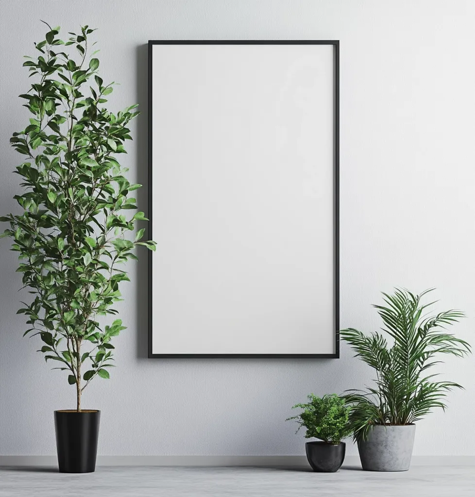 The image shows a minimalist interior with a large blank picture frame on a white wall. The frame is black and has a white border. There are three potted plants in the image. On the left is a green leafy plant in a black pot. To the right is a palm tree in a grey pot, and in front of that is a smaller leafy plant in a brown pot. The floor is a light grey color. The image is likely a mockup for a design project or advertisement.