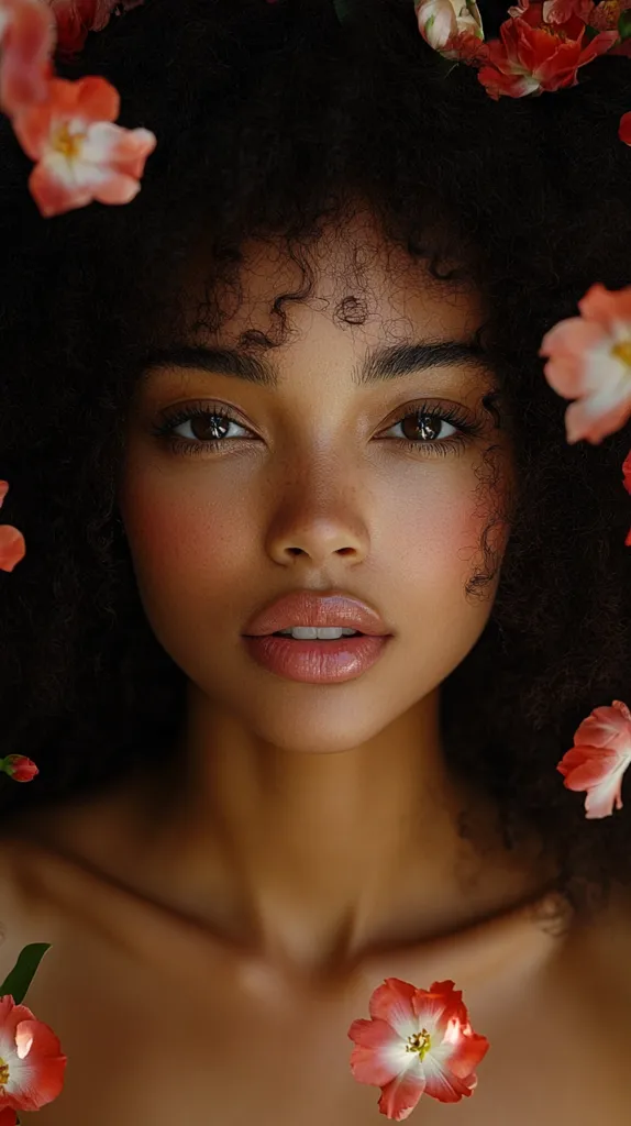 A young woman with dark curly hair and brown skin is framed by pink and red flowers. Her eyes are looking directly at the camera and her lips are slightly parted. She has a soft, natural glow to her skin. The image is simple and elegant, highlighting the beauty of the woman and the delicate flowers.