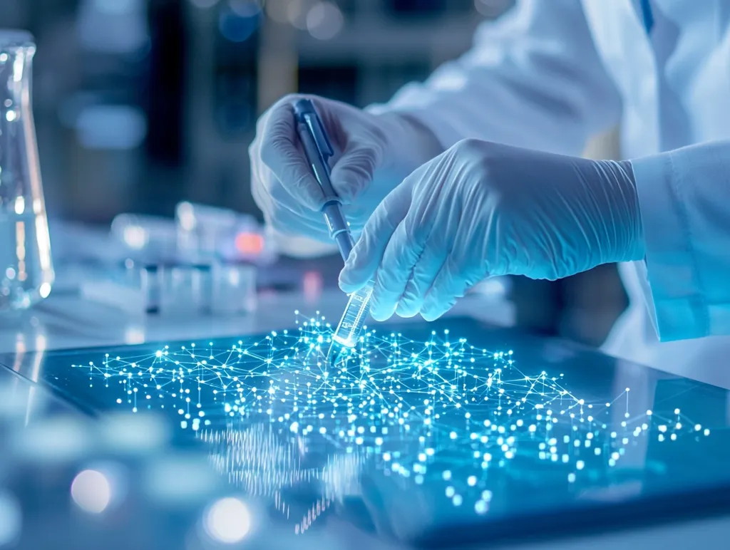 A scientist, wearing a white lab coat and gloves, carefully holds a pipette over a digital display. The display shows a complex network of interconnected lines and dots, possibly representing data or scientific connections. The blue light of the display illuminates the scene, creating a futuristic and technological atmosphere. The image suggests a focus on scientific research and exploration, possibly involving data analysis or genetic engineering.