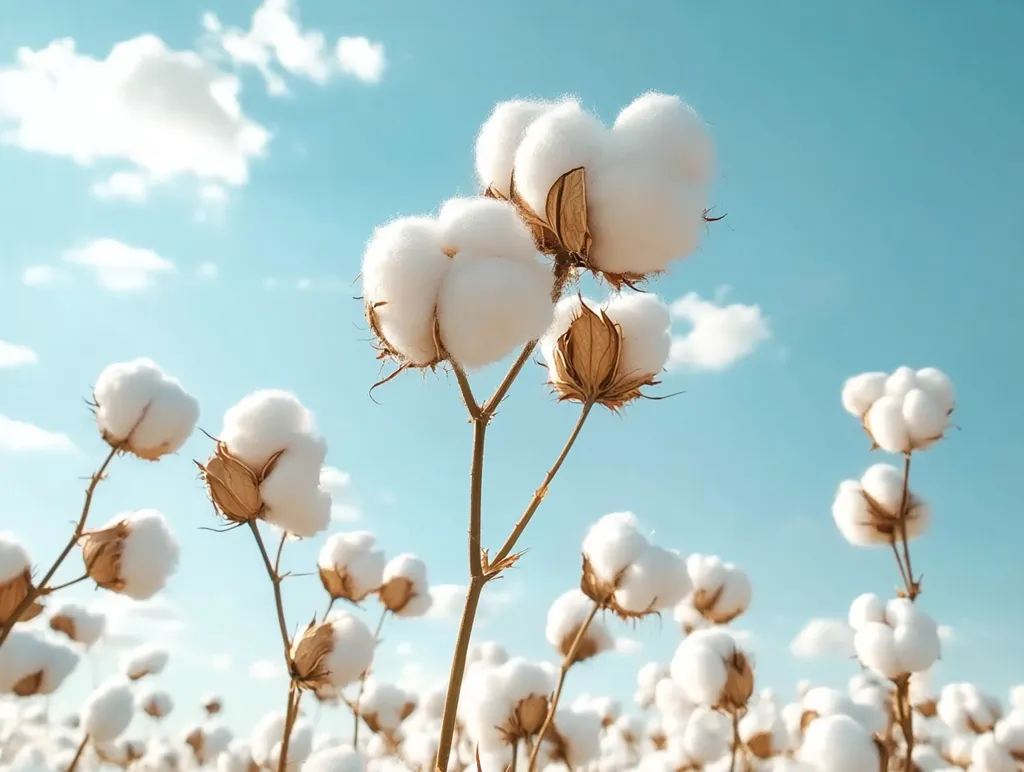 A field of white cotton bolls against a bright blue sky. The bolls are fluffy and soft, and the stalks are brown and sturdy. The sun is shining brightly, and the air is clear and crisp. The image evokes a sense of peace and tranquility.  The fluffy cotton balls are surrounded by a vast field of other cotton plants, all bathed in the warm sunlight.