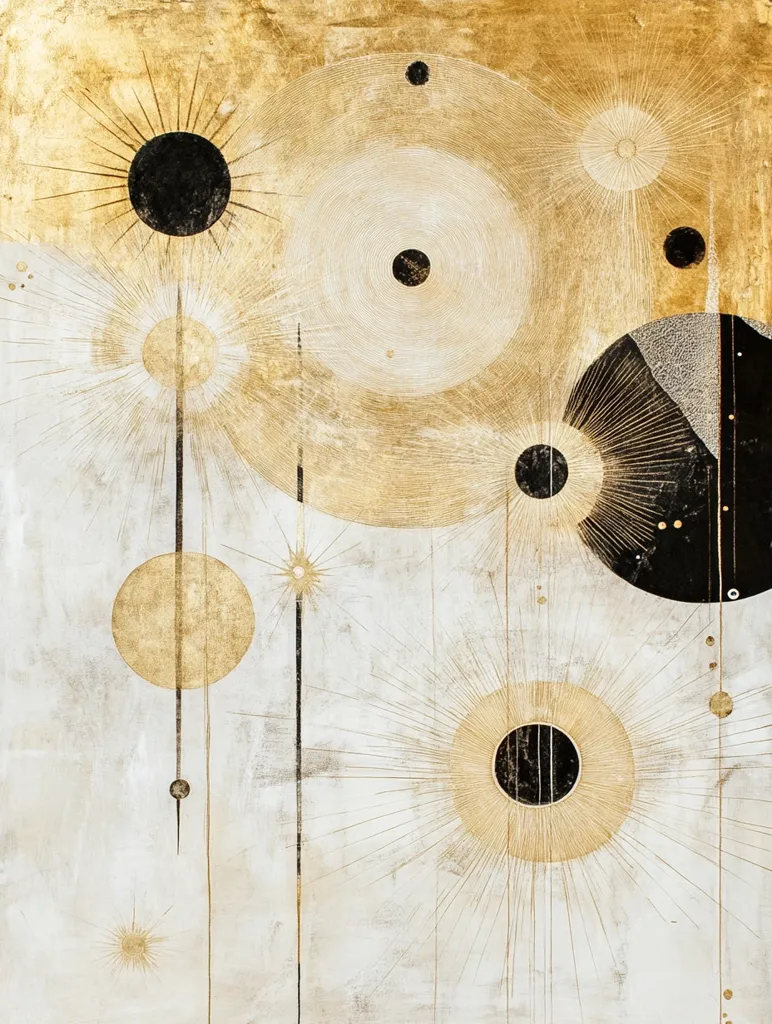 The abstract painting features a series of circular shapes, each with a central black circle and radiating lines that create a sunburst effect. The shapes are arranged against a textured background of white and gold, giving the piece a celestial feel. There are also smaller black circles scattered throughout the composition, adding to the sense of cosmic energy. The artwork is characterized by its use of contrasting colors and the deliberate layering of textures. It evokes a sense of depth and mystery, inviting viewers to contemplate the vastness of the universe.