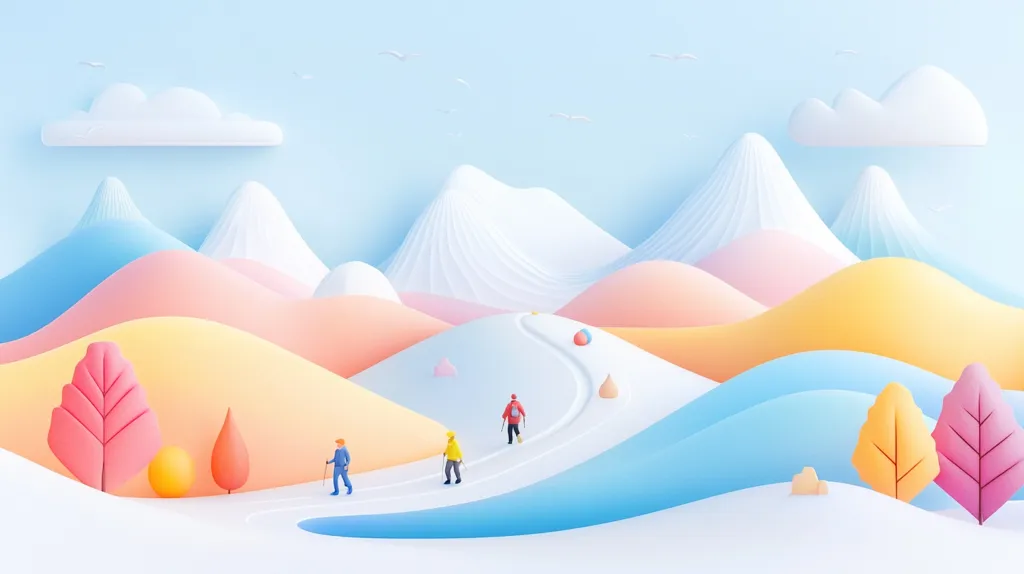 The image depicts a stylized, minimalist landscape with soft, pastel colors.  White, fluffy clouds float in a pale blue sky over rolling hills of yellow, pink, and blue. Tiny, cartoon figures walk along a winding path through the hills, suggesting a journey or exploration. The overall feel is serene and peaceful, with a sense of whimsical charm.
