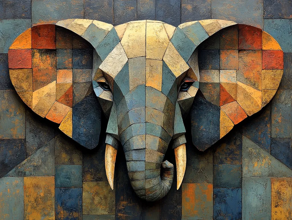 The image depicts a close-up of an elephant's head, rendered in a geometric style using squares of different colors and textures. The elephant's face is composed of squares of blue, brown, yellow, and orange, creating a mosaic-like effect. Its large, floppy ears are prominent, and its trunk is curled upwards, showcasing its tusks. The background is a series of squares in varying shades of blue, brown, and yellow, creating a sense of depth and texture. The overall effect is a striking and abstract representation of an elephant, capturing its majesty and power in a unique and artistic way.