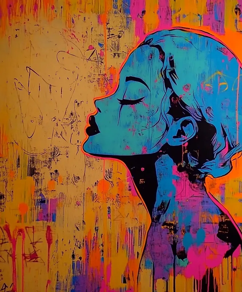 A vibrant, abstract painting of a woman's profile. Her skin is a bright blue, and her hair is black. She is outlined in black against a background of bold, colorful brushstrokes in hues of orange, pink, and purple. The background is textured and has a slightly faded, vintage feel. The image evokes a sense of energy and movement.