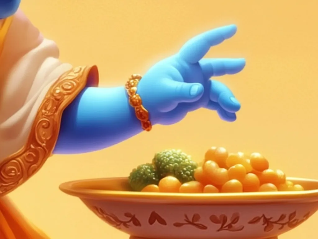 A blue hand, adorned with a gold bracelet, reaches towards a golden bowl filled with round, yellow fruits and green vegetables. The hand is part of a figure wearing a white robe with gold embroidery, and the bowl is set on a decorative pedestal against a warm orange background. The scene evokes a sense of offering and ritual.