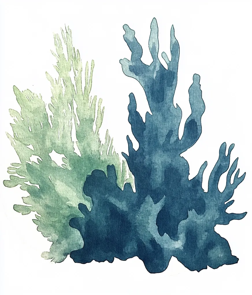 The image is a watercolor painting of two coral formations. One is a light green and the other is a darker blue. The coral is depicted in a very organic and realistic style.  The painting is set against a white background, which makes the colors of the coral pop. The artwork appears to be a stylized representation of coral, rather than a photorealistic one. The delicate lines of the branches and leaves are reminiscent of botanical illustrations. The painting has a soft and ethereal quality, which gives it a calming and tranquil feeling.  The artist uses a limited color palette, with only shades of blue and green,  emphasizing the natural beauty of the subject. The use of watercolor allows for a soft and blended effect, creating a sense of movement and depth in the coral forms.