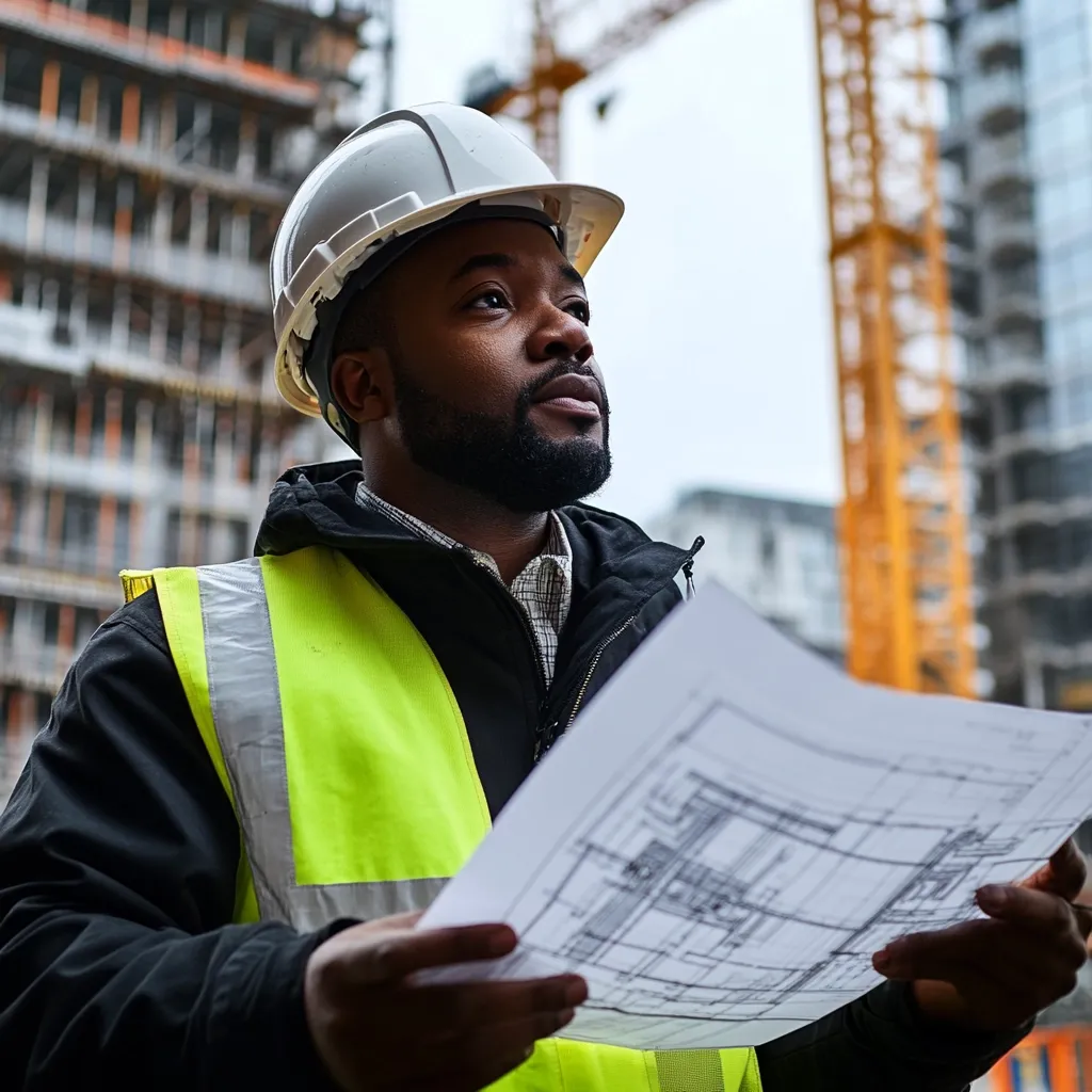 A construction worker in a white hard hat and yellow safety vest looks up at a building site. He holds a blueprint in his hands and is studying it intently. The scene is filled with industrial machinery and the skeletal structure of a building under construction. The man appears focused and determined as he oversees the progress of the project.