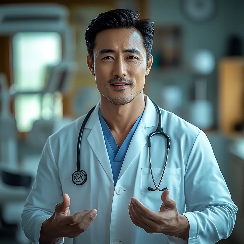 A young Asian man in a white lab coat with a stethoscope around his neck is standing in a medical facility. He is looking directly at the camera with a warm smile and gesturing with both hands, as if explaining something to the viewer. The background is out of focus, creating a soft, professional ambiance. His appearance conveys a sense of confidence and expertise.