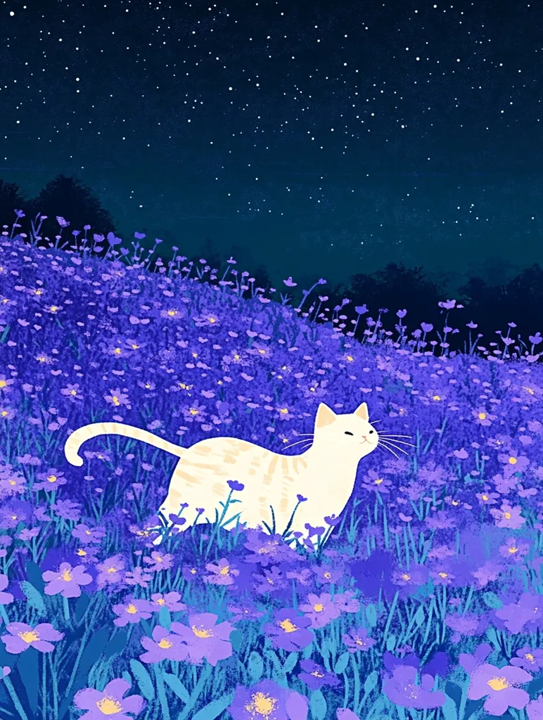 A white cat with yellow eyes stands in a field of purple flowers. The sky is a dark blue with many stars. The cat is looking up at the stars, and the flowers are blooming all around it. The scene is peaceful and serene.