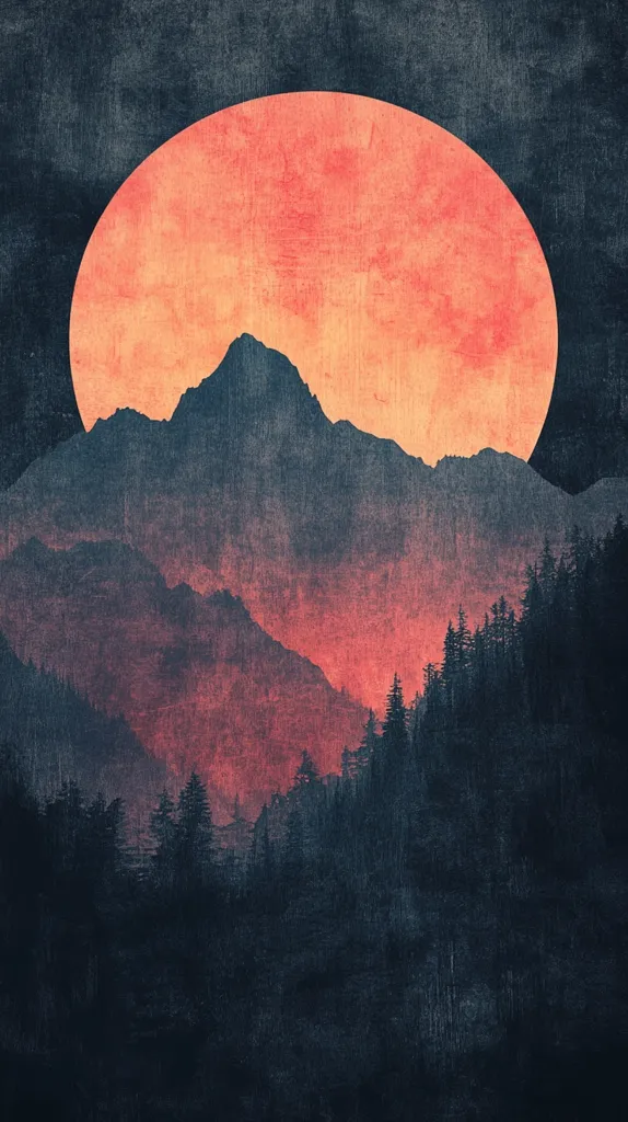 A large, orange moon hangs in the sky above a silhouette of a mountain range. The moon glows with a warm light, casting a faint orange hue over the mountains and a dense forest in the foreground. The image has a textured, almost grainy effect, which adds to its mysterious and atmospheric quality.