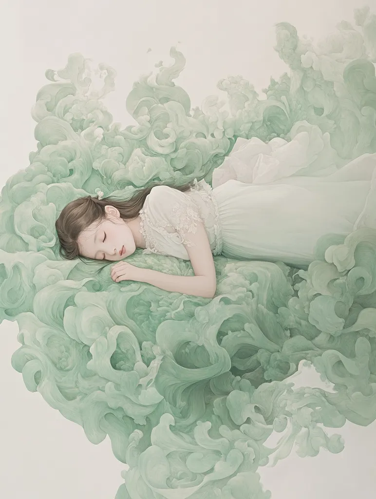 The image depicts a young woman lying asleep on a bed of swirling, green clouds. Her long, dark hair flows around her, and her white dress is adorned with delicate lace. The ethereal setting creates a sense of peace and tranquility, suggesting a dreamlike state or a moment of serene beauty.