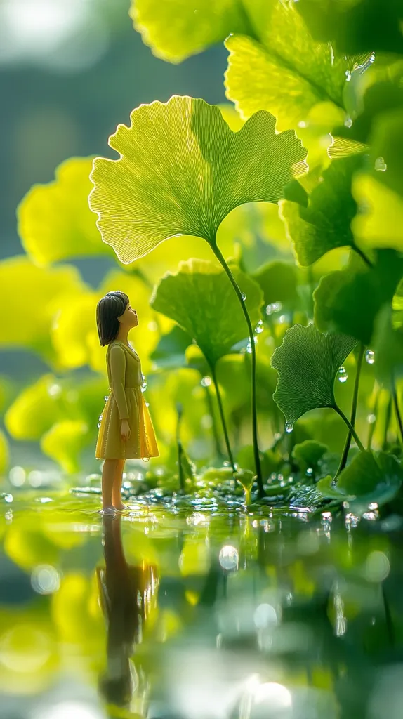 A miniature doll, dressed in yellow, stands in a shallow pool of water surrounded by lush green ginkgo leaves. The leaves are illuminated by sunlight, creating a magical atmosphere. The doll's reflection mirrors the scene above, adding to the dreamy feel of the image. Water droplets cling to the leaves, adding a touch of sparkle to the scene. The composition is simple yet captivating, focusing on the beauty of nature and the innocence of childhood.