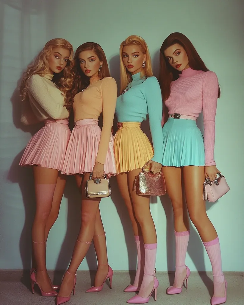 Four young women are dressed in pastel-colored outfits with matching purses.  They are wearing pleated miniskirts, turtlenecks, and pink heels. The background is a pale blue wall. The photo has a vintage aesthetic.