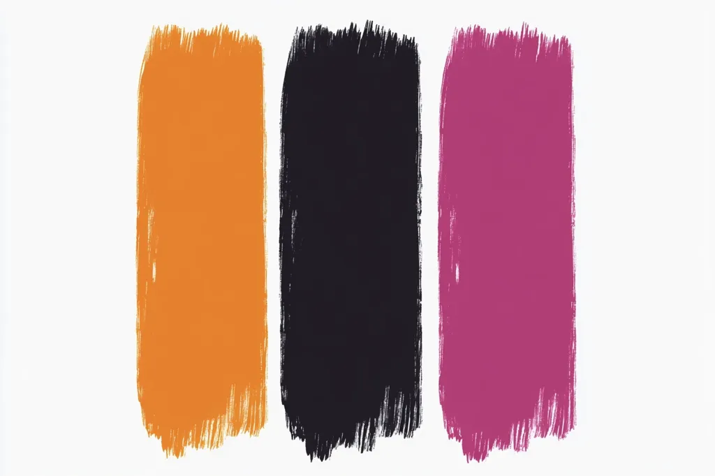 The image shows three vertical, rectangular swatches of color. The leftmost swatch is a vibrant orange, the middle swatch is black, and the rightmost swatch is a deep magenta. Each swatch is painted in a textured style, resembling brushstrokes. The background of the image is a crisp white.