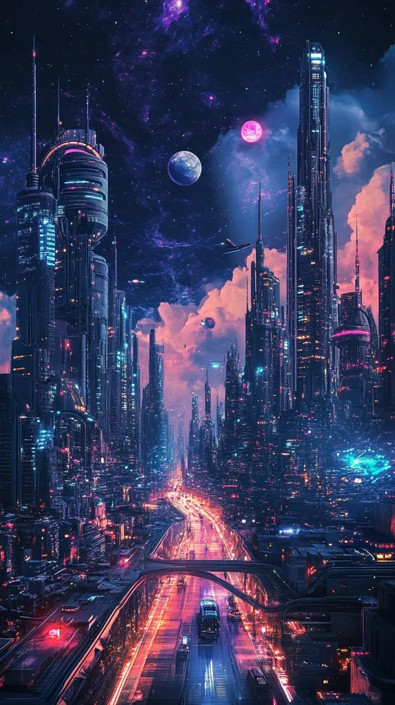 The image depicts a futuristic cityscape at night. Tall, slender buildings with glowing lights pierce the dark sky, which is dotted with stars and a crescent moon. A winding road lined with streetlights stretches through the city, with a single vehicle driving down its center. The overall atmosphere is one of technological advancement and a sense of wonder. The colors are vibrant and the image is full of detail, creating a captivating visual.