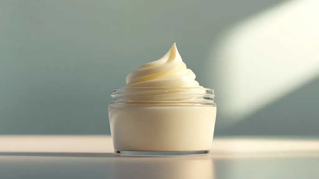 A glass jar filled with a thick, creamy substance sits on a white surface. The cream is piled high in the center, with a swirl on top. The jar is lit from the left, creating a soft, diffused glow. The background is a muted blue-green, with a diagonal beam of light crossing the image from the upper right corner. The simple composition and soft lighting create a sense of calm and serenity.