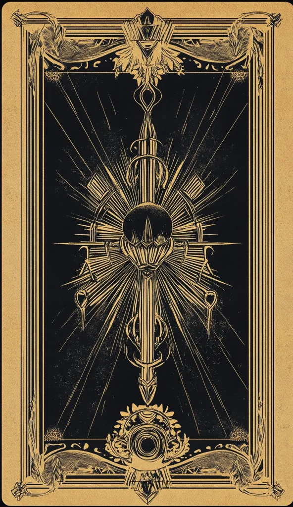 The image is a black and gold illustration of a tarot card, with a ornate, decorative frame. The center of the card depicts a large, ornate sword that is piercing through a circle and radiating outwards with beams of light. The background is black with a subtle pattern of lines. The entire image is in a style of intricate detail and symbolism.
