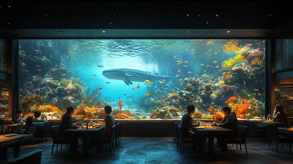 A large, empty restaurant features a giant aquarium as its main wall. The aquarium displays a whale shark, coral, and many smaller fish. People are seated at tables overlooking the underwater scene, enjoying their meals. The space has a minimalist design, with sleek black chairs and tables. Natural light streams in through large windows, illuminating the restaurant. The overall ambiance is serene and inviting.