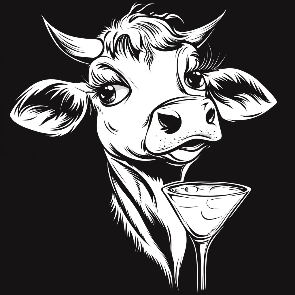 The image is a black and white illustration of a cow's head. The cow has large, expressive eyes and a slightly open mouth. Its head is tilted to the side, and it is looking towards the viewer. The cow is holding a martini glass in its mouth. The background is black. The illustration is drawn in a cartoon style, and the cow's facial expression is humorous.