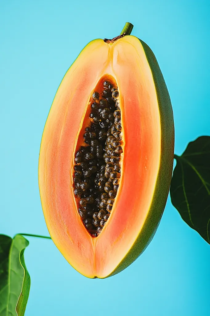 A half of a papaya is shown against a bright blue background.  The papaya is sliced open, revealing its orange flesh and black seeds. The papaya has a slightly green outer skin and is positioned in the center of the frame. There is a small green leaf in the lower left corner of the image.