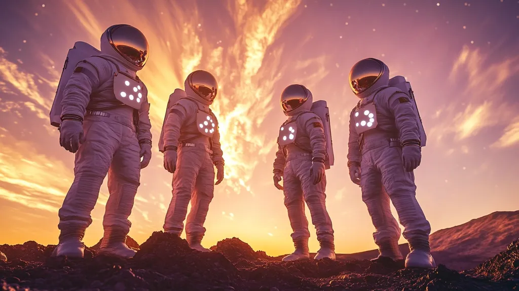 Four astronauts stand on a rocky, red surface. The sky behind them is a vibrant orange and pink, suggesting a sunset. The astronauts are in white spacesuits, and their helmets reflect the light. The scene suggests a mission on a foreign planet or moon. Their posture suggests a sense of accomplishment or wonder.
