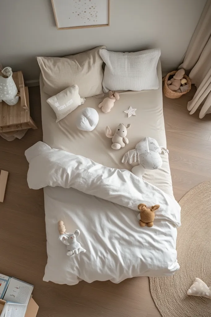 A white and beige bed is made with a white duvet and a beige pillow. There are several stuffed animals on the bed, including a bunny, a unicorn, and a dragon. A small wicker basket with stuffed animals sits near the foot of the bed. The floor is a warm wood tone.  A small picture hangs on the wall behind the bed.  A round braided rug sits on the floor next to the bed.
