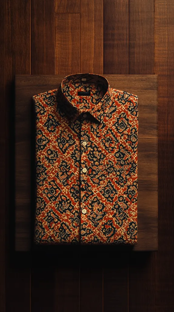A long-sleeved button-down shirt with a vibrant, intricate pattern in shades of orange, brown, yellow, and black is laid flat on a wooden surface. The shirt's collar is folded down, showcasing the design's detail.  The background is a rich brown wood grain, creating a warm and textured backdrop.