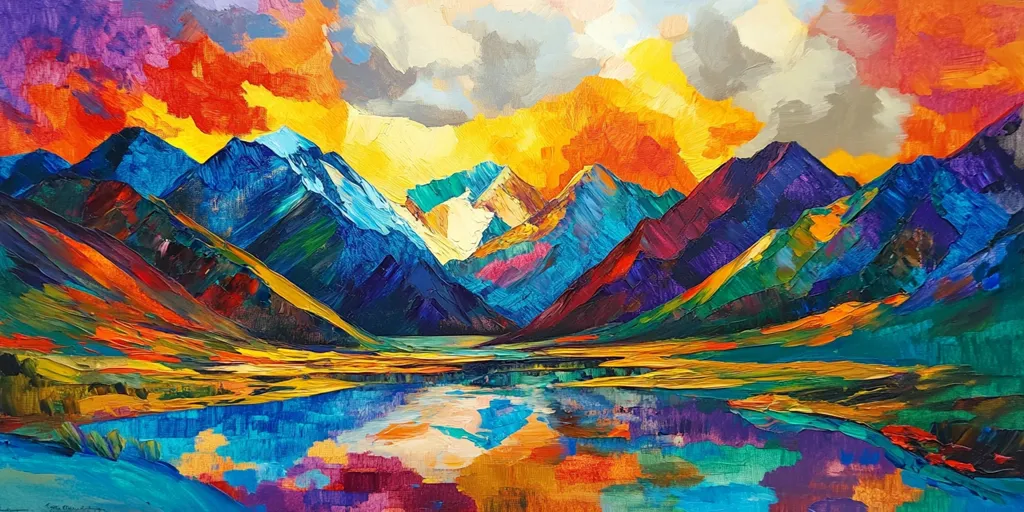 The painting is an abstract landscape with a focus on color and texture. It depicts a mountain range with a lake in the foreground.  The mountains are painted in vibrant blues, purples, and greens, while the sky is a mix of bright orange, yellow, and pink. The lake is a deep blue with swirls of color reflecting the sky and mountains above. The artist has used thick, impasto brushstrokes to create a sense of depth and movement.