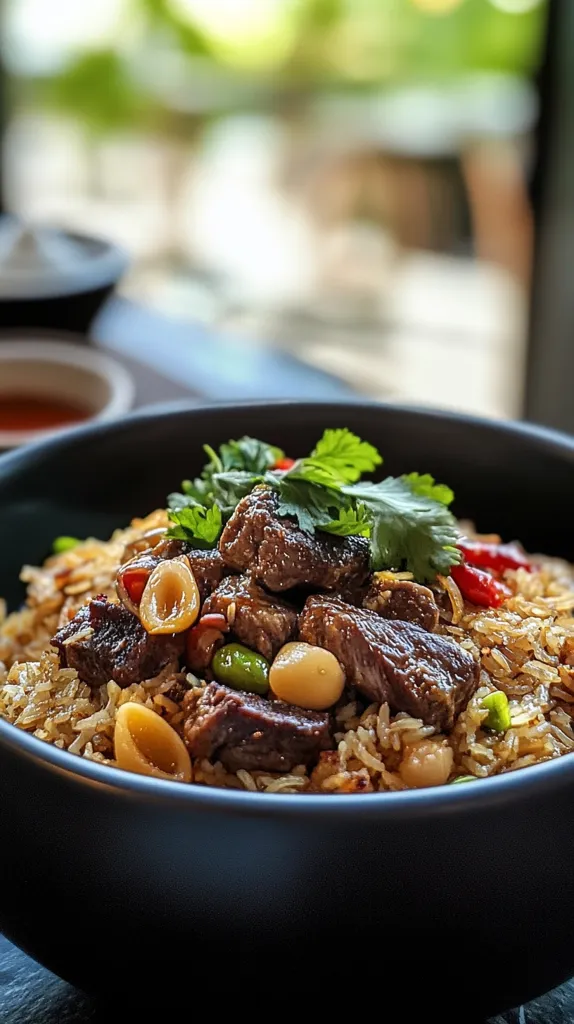 A black bowl filled with a savory dish of rice, beef, and various vegetables. The dish is garnished with fresh cilantro, adding a touch of green to the composition. The bowl rests on a dark surface, with a blurry background of a green plant. The image captures the inviting aroma and tempting flavors of the meal.