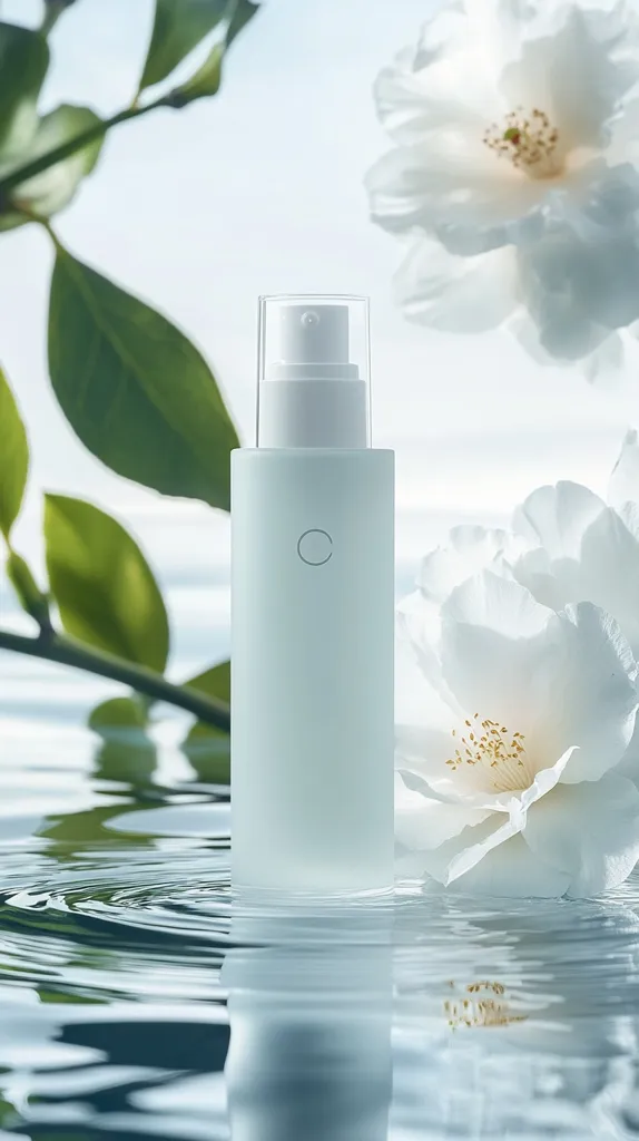 A white pump bottle of skin care product sits on a smooth, rippling water surface. The bottle has a simple design with a circular logo on the front. Two white camellia blossoms float partially submerged in the water, their petals unfurling gently. The background features soft, blurred greenery. The image evokes a sense of tranquility and purity, emphasizing the product's connection to nature and its calming qualities.