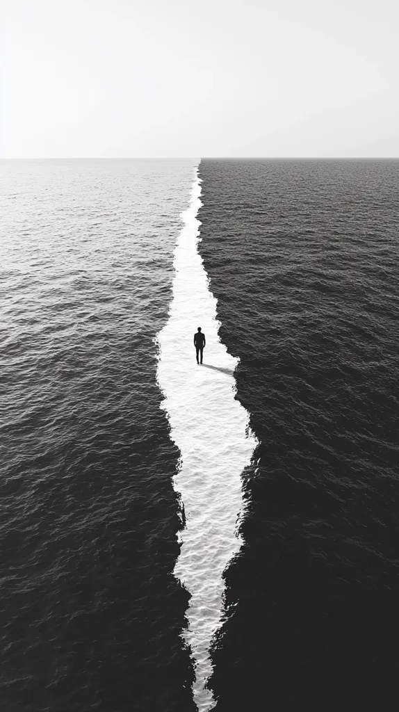 The image is a black and white photo of a body of water that is split in half, one side being black and the other white. A single person is walking on the dividing line. The photo has a stark contrast, which creates a dramatic and thought-provoking image. The person's small size in comparison to the vastness of the water emphasizes their vulnerability and isolation.