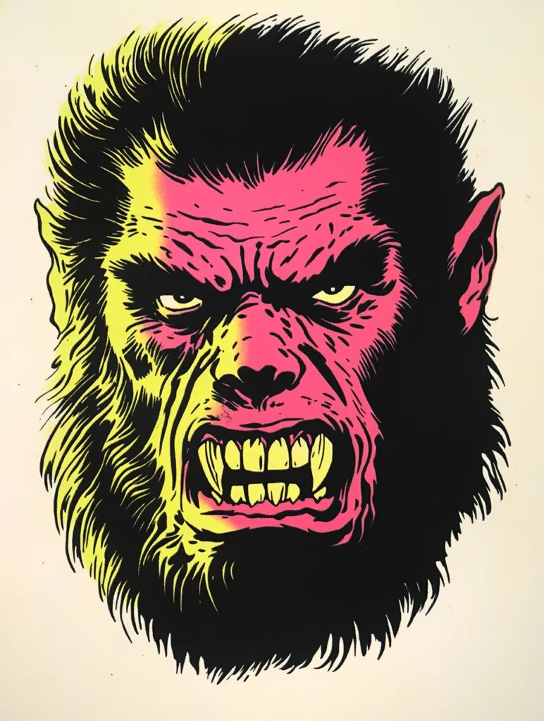 The image is a close-up of a werewolf's face. The creature has a fierce expression, with bared teeth and narrowed eyes. The artwork is done in a bold, graphic style, with black outlines and bright pink and yellow colors. The image is likely from a horror or fantasy context, and evokes a sense of danger and aggression.