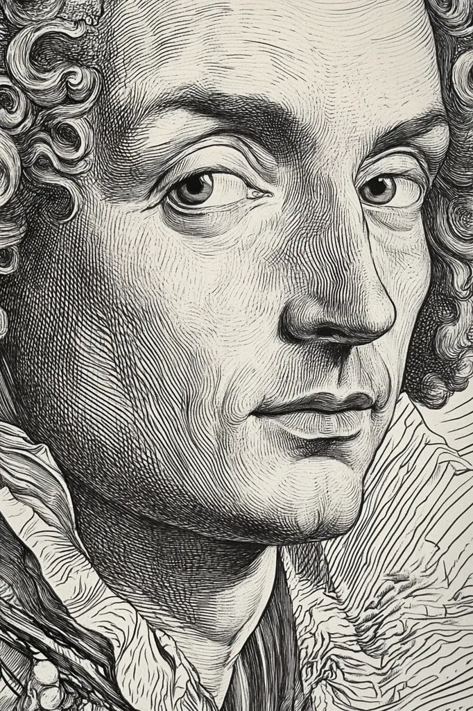 The image is a detailed engraving of a man's face. The lines of the engraving are fine and intricate, giving the image a realistic and almost three-dimensional quality. The man's face is framed by curly hair and has a serious expression. His eyes are large and piercing, and his mouth is slightly pursed. The engraving is likely of a historical figure, perhaps a nobleman or a scholar. The lines of the engraving suggest a sense of gravity and importance, reflecting the person's stature and achievements.