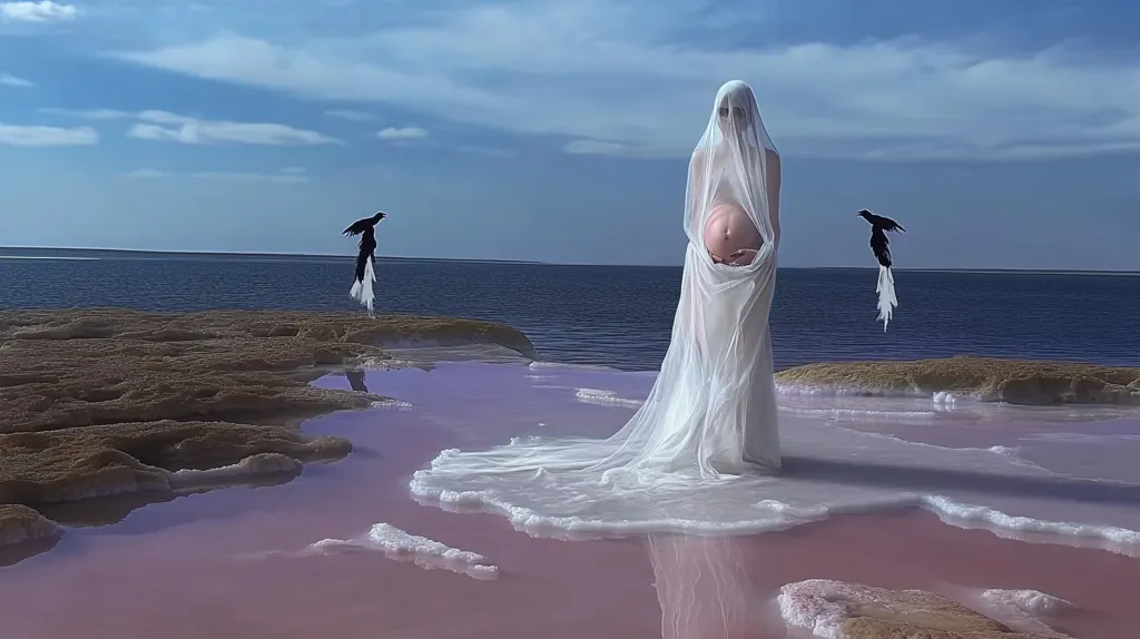 A pregnant woman, veiled in white fabric, stands in a shallow, pink-hued pool of water. The water laps at the edge of a rocky shore, and the vast expanse of the ocean stretches out behind her. Two black birds with white tails soar overhead, adding a surreal touch to the scene. The image evokes a sense of mystery, tranquility, and the anticipation of new life.