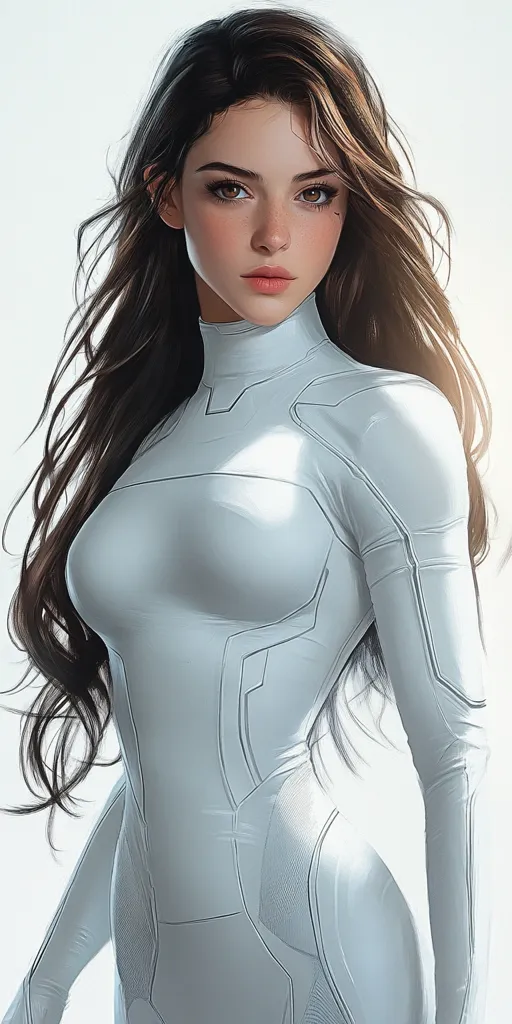 A woman with long dark hair is shown from the waist up, looking at the camera. She is wearing a white, form-fitting suit with geometric designs. The suit appears to be a futuristic or sci-fi design. The lighting is soft and the background is white.