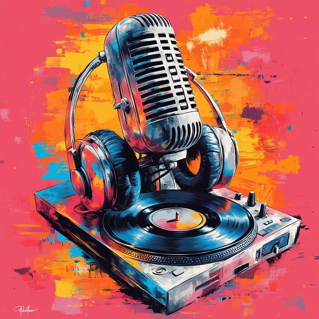 A vintage microphone with headphones sits atop a record player. The microphone is positioned in the center of the image with the headphones on either side of it. The record player is silver and black and has a blue vinyl record on it. The background is a colorful abstract painting with shades of pink, yellow, orange, and blue.  The image has a retro, artistic feel.