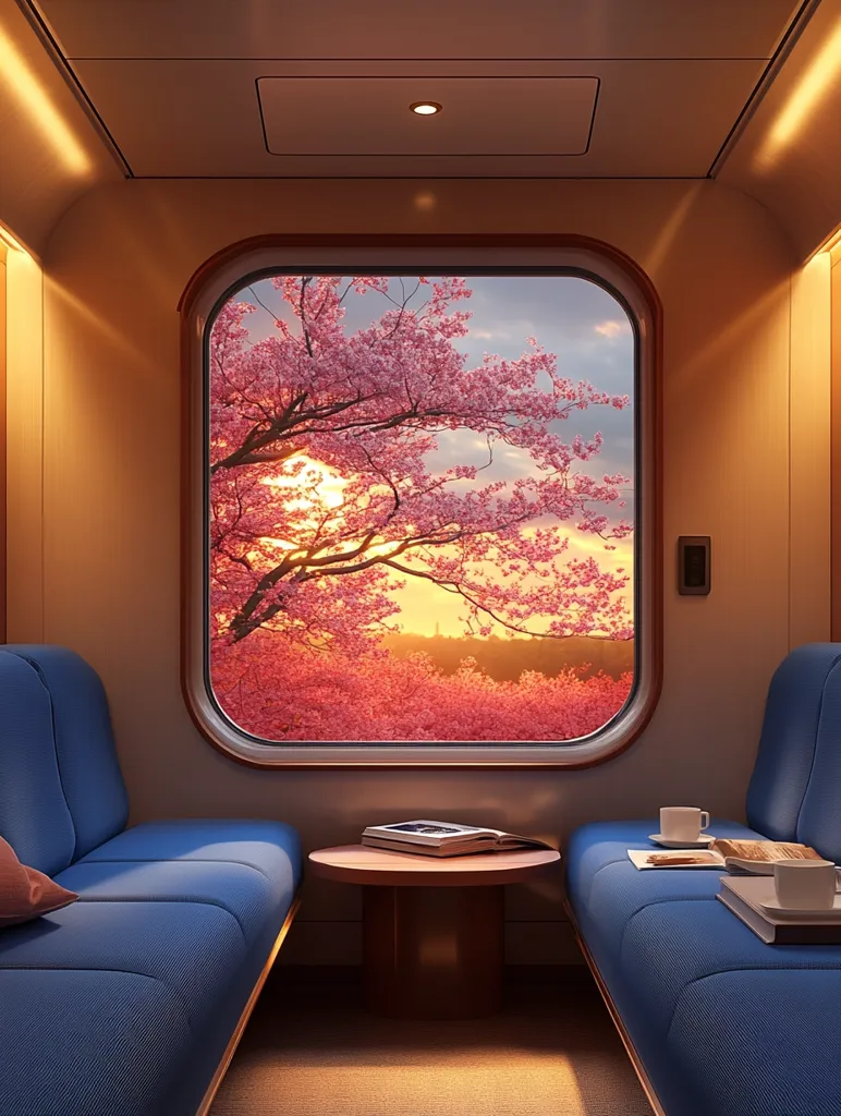 A train compartment features a large window showcasing a beautiful view of a cherry blossom tree in full bloom against a sunset sky. Two plush blue seats face each other, with a small wooden table in between, set with a book and two cups of tea. The interior has a warm, inviting atmosphere, perfect for enjoying the scenery and relaxing. The soft lighting and the tranquil view create a sense of peace and serenity.