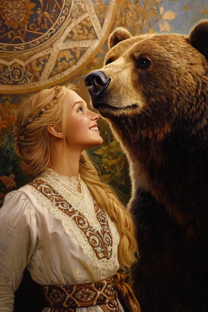 The painting depicts a young woman with long blonde hair, dressed in a white blouse and a brown belt with intricate embroidery, looking up at a large brown bear. The bear's head is tilted, and its dark eyes are fixed on the woman. They are both close to each other, suggesting a close connection between the woman and the bear. The background features a  circular pattern that adds a touch of mystery to the scene.