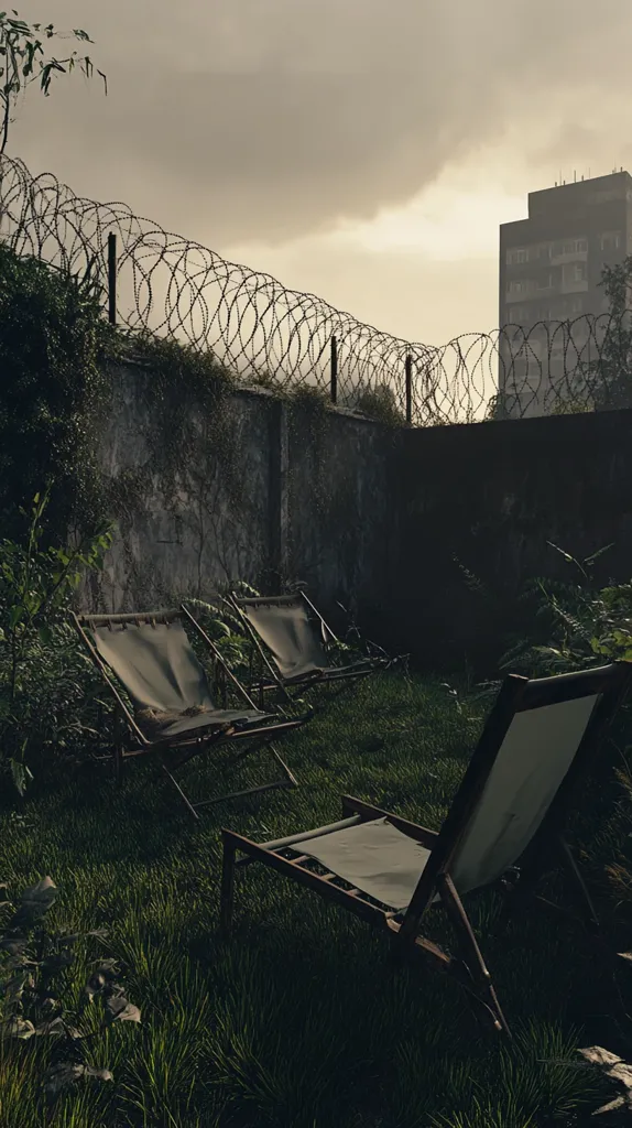 The image shows a small, overgrown garden with a concrete wall topped with barbed wire and a tall building in the background. The garden is filled with lush green grass and three empty chairs, suggesting that it is abandoned. The cloudy sky and low-lying light give the scene a somber, melancholic mood.