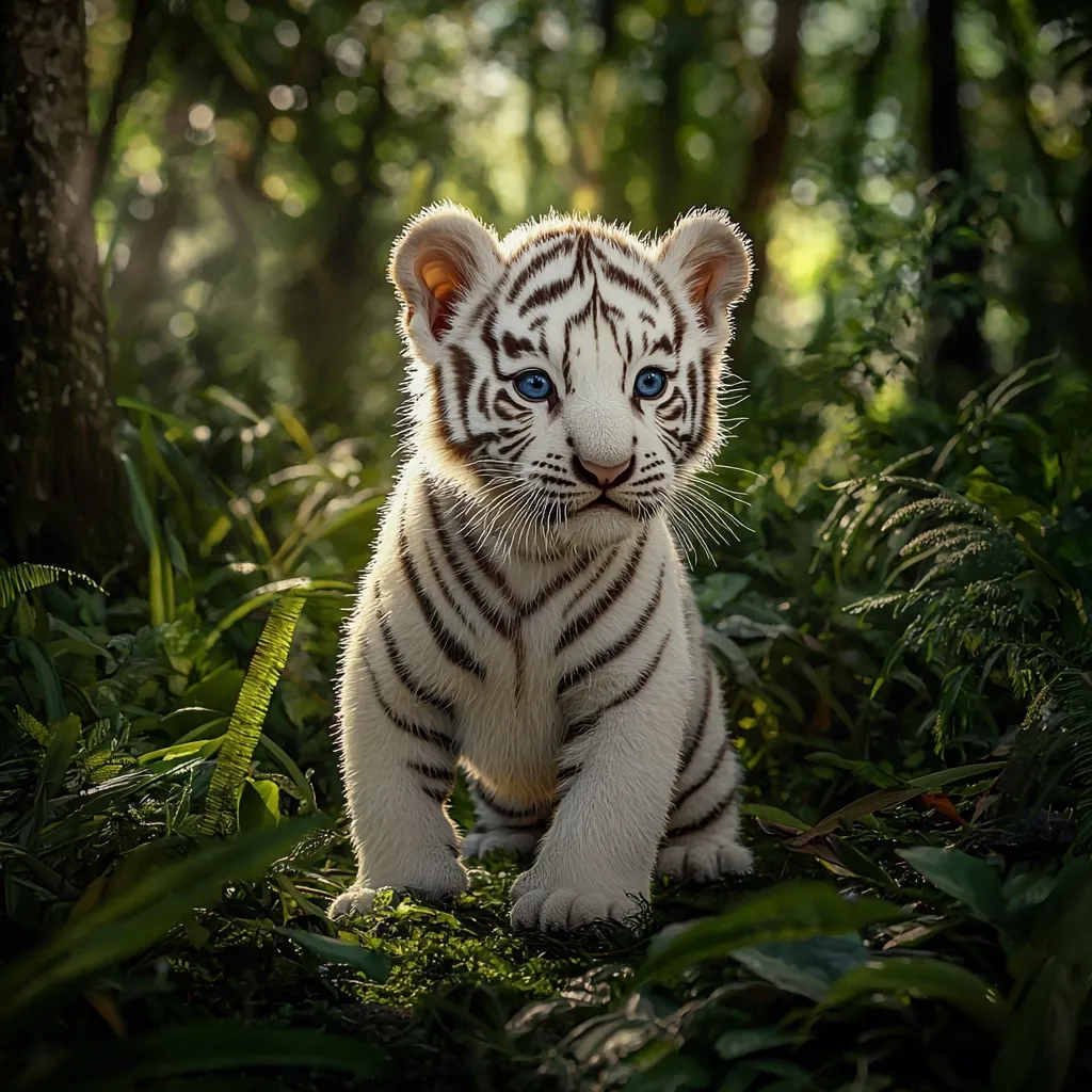 A white tiger cub with piercing blue eyes sits in a lush, green jungle. It has black stripes and a white coat of fur. The cub's fur is soft and fluffy. The cub is surrounded by lush green foliage. The light shines through the leaves, creating a beautiful glow. The cub looks up at the camera with a curious expression. The image is a beautiful and heartwarming depiction of a wild animal in its natural habitat.