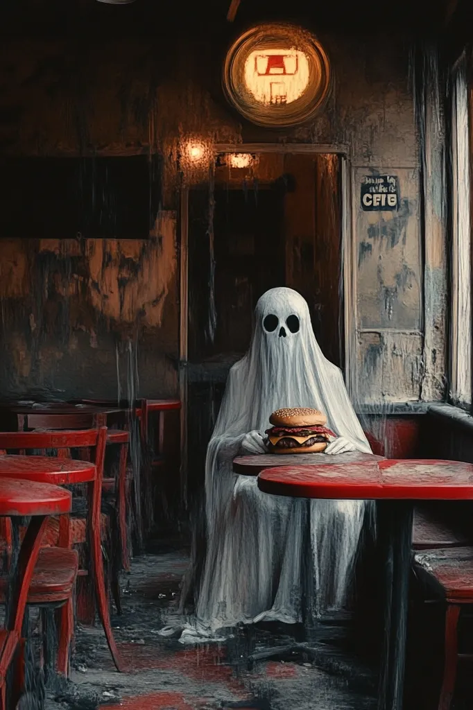 A ghost, draped in a white sheet, sits at a red table in a dimly lit restaurant. The ghost is holding a hamburger in front of it. The restaurant is deserted and dirty, with red chairs and tables scattered around. A sign with the letters "CETG" hangs on the wall behind the ghost. The overall atmosphere is eerie and mysterious.