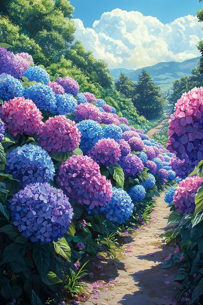 A stone path winds through a lush forest, lined with vibrant hydrangeas in shades of blue, purple, and pink. The flowers are in full bloom, creating a stunning display of color.  The sky above is a clear blue, dotted with fluffy white clouds. The scene is peaceful and serene, inviting viewers to imagine a leisurely stroll through this idyllic landscape.