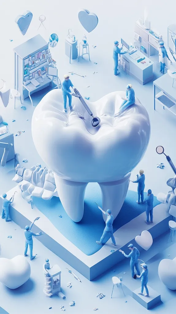 A giant white tooth sits in the center of a blue and white dental office. Small figures in blue scrubs work around it with tiny tools. They are taking care of the tooth, representing the importance of good dental health. The scene is whimsical and playful, using a miniature world to illustrate a bigger message.