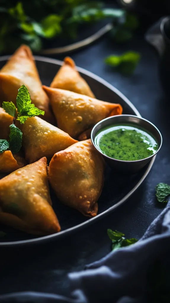 A plate of samosas, crispy and golden brown, rests on a dark surface. The plate also holds a small bowl of vibrant green chutney.  A few sprigs of fresh mint add a touch of greenery to the scene, creating a visually appealing and flavorful composition.  The dark backdrop and dim lighting emphasize the food, making it the center of attention.