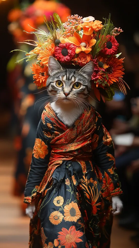 A tabby cat, dressed in a black and red patterned dress with a floral crown, walks down a runway. The dress has a flowing skirt and a fitted bodice. The cat looks forward with an air of confidence, seemingly unfazed by the audience around it. The image captures a playful and unexpected twist on the traditional fashion show.