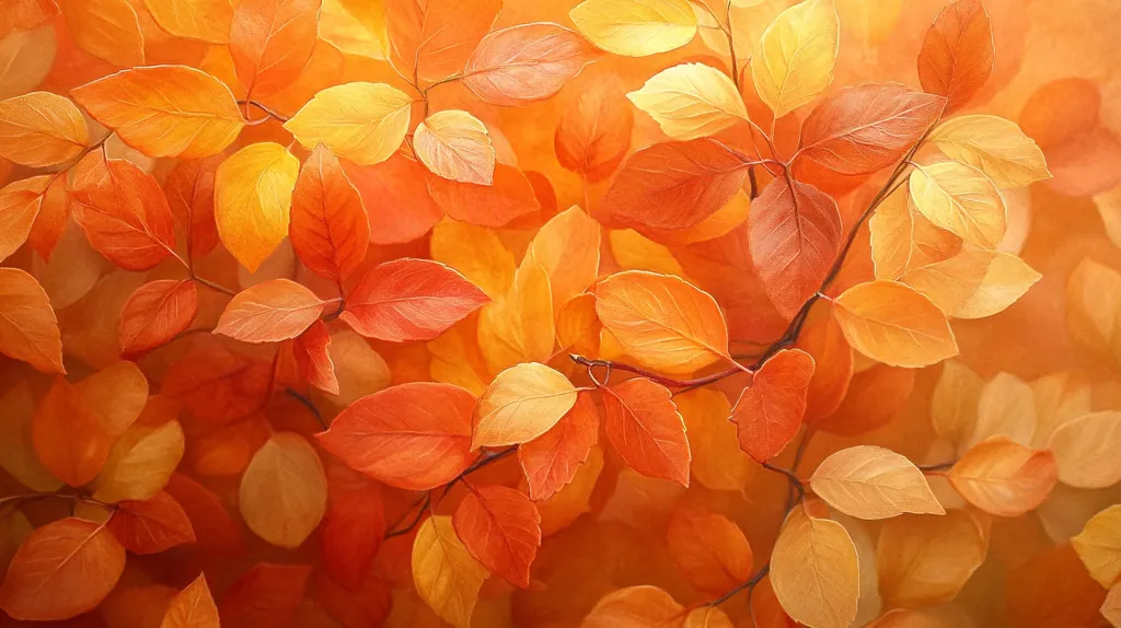 The image showcases a close-up view of vibrant autumn leaves. The leaves, in various shades of orange and yellow, are arranged in a dense cluster, creating a warm and inviting visual. The intricate veins and textures of the leaves are visible, highlighting their delicate beauty. The image evokes a sense of tranquility and the beauty of nature in the autumn season.