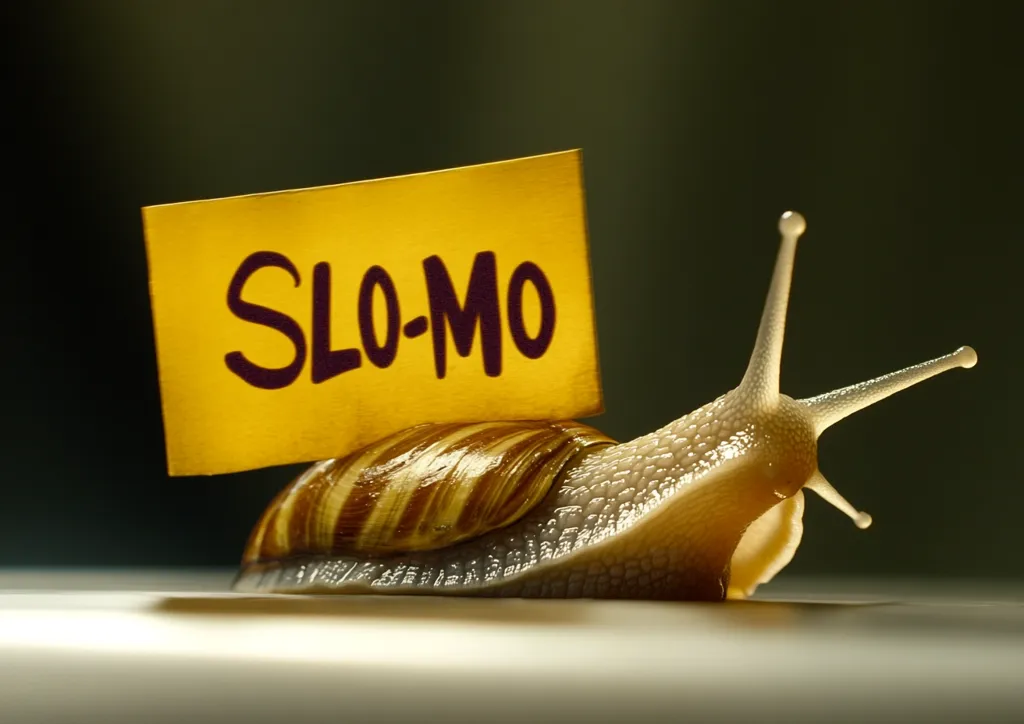 A snail is shown carrying a yellow sign that says “SLO-MO” in black lettering. The snail is in focus with its shell and tentacles, while the background is blurred. The image is likely a humorous representation of the slow pace of a snail's movement.  The sign's message is a play on words, as "slow-mo" refers to slow-motion video, which would be a suitable way to capture the snail's movement.