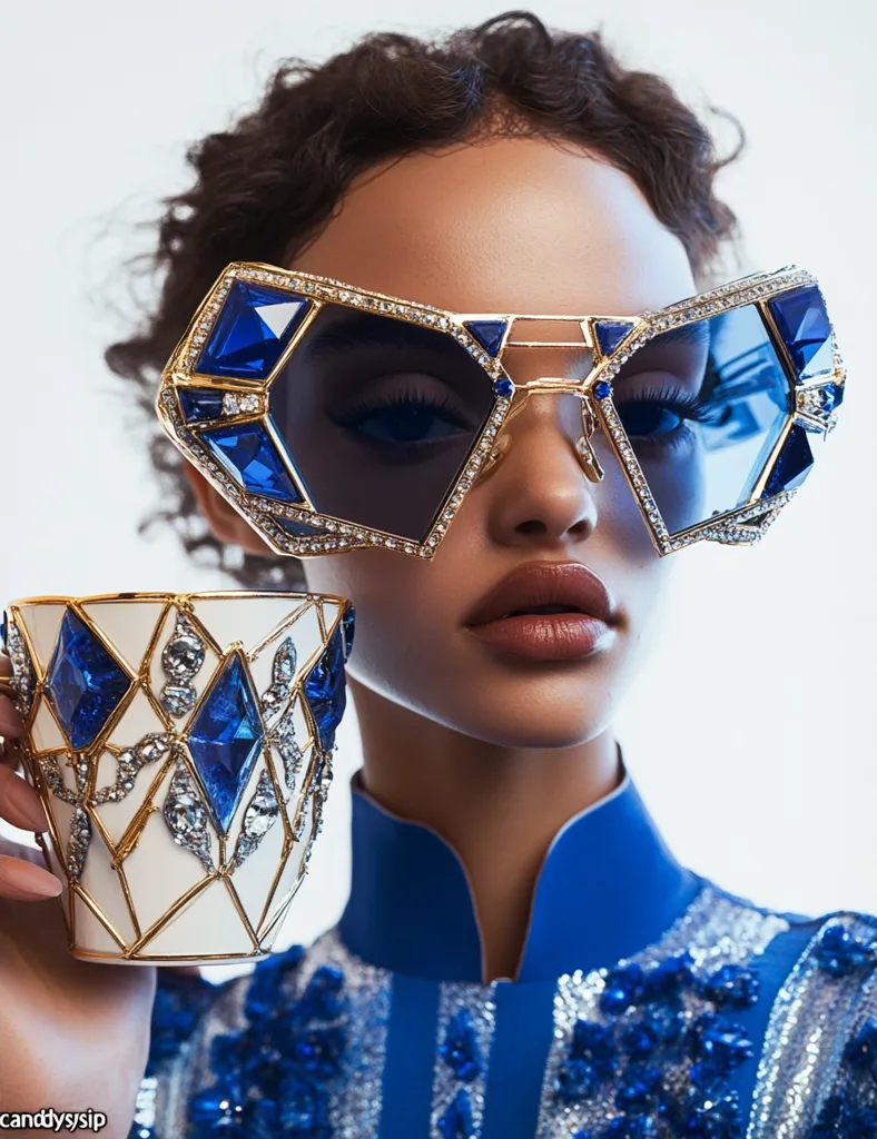A woman with dark curly hair wears large, ornate sunglasses adorned with blue gemstones and rhinestones.  She is holding a white teacup with a similar design, and her outfit is a blue, embellished, high-collared shirt. The background is a simple white.
