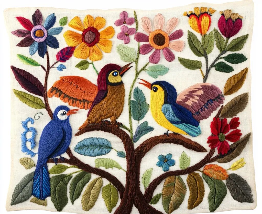 The image depicts a beautifully embroidered piece of fabric showcasing a vibrant floral and avian scene. A large, intricate tree with colorful flowers in shades of pink, yellow, red, and blue stands tall in the center, its branches adorned with leaves and three birds. A blue bird with a long, curled tail perches on a lower branch, while a brown and orange bird with a striking red head sits on a higher branch. A yellow and blue bird with a delicate wing pattern rests on another branch, adding a touch of whimsy to the composition. The intricate details of the embroidery, including the delicate stitching of the flowers, leaves, and birds, create a visually captivating scene.