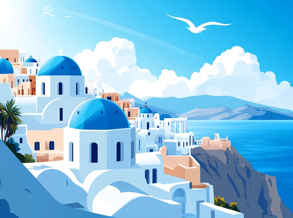 The image depicts a picturesque Greek island village nestled on a cliffside overlooking the sparkling blue Aegean Sea. White-washed houses with iconic blue domes dot the landscape, while a lone seagull glides through the azure sky. Puffy white clouds drift across the bright sky, adding a touch of serenity to the idyllic scene. The island's rugged terrain and the vast expanse of water create a stunning contrast. The image evokes a sense of tranquility and timeless beauty.